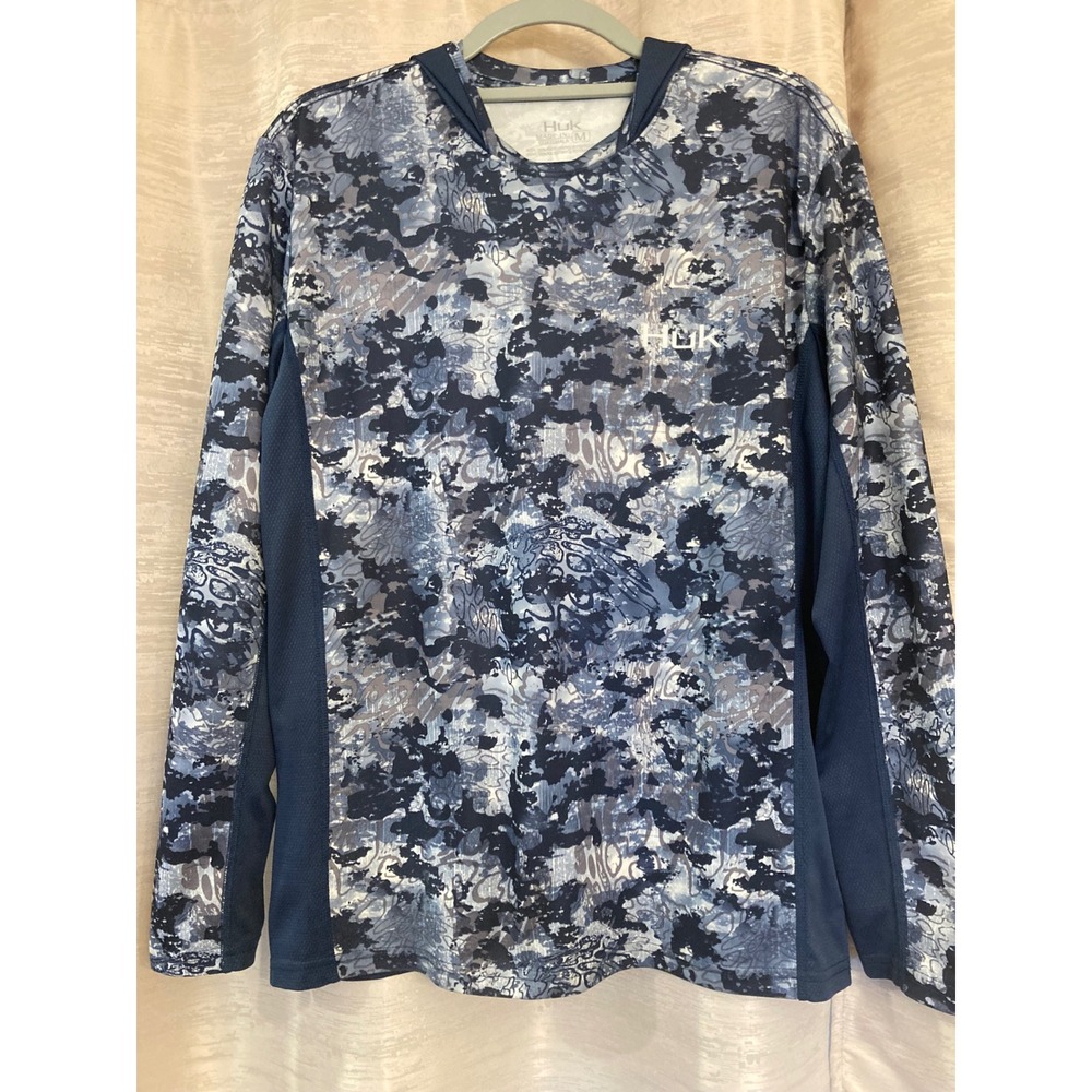 Huk Men's Long Sleeve Fishing Shirt Camo Mesh Hooded Sun Protection M